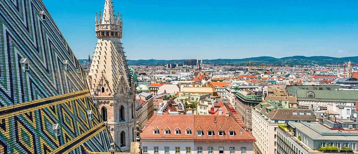 An image of St. Stephen's Cathedral and cityscape of downtown Vienna, Austria 