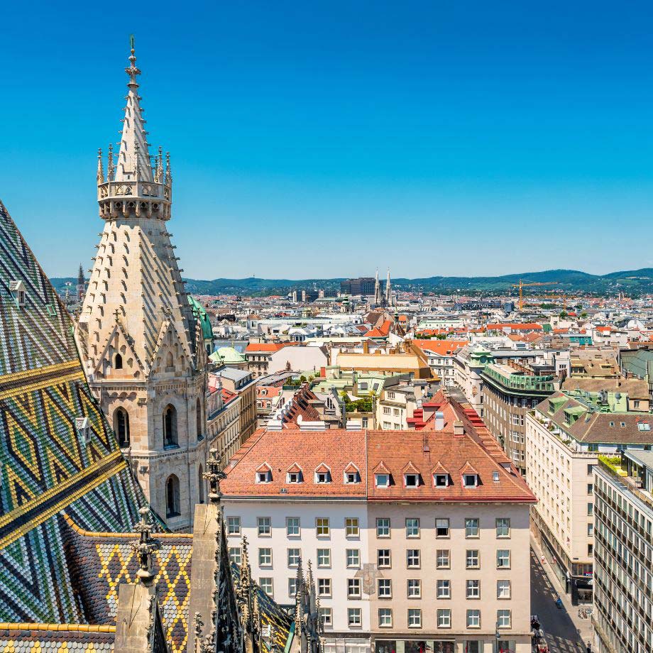 An image of St. Stephen's Cathedral and cityscape of downtown Vienna, Austria 