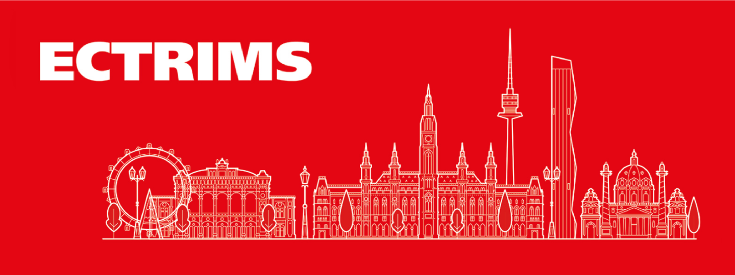 ECTRIMS logo with landscape illustration on a red background.