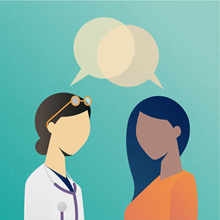 A colorful banner depicting a doctor and a patient communicating through the use of speech bubbles.