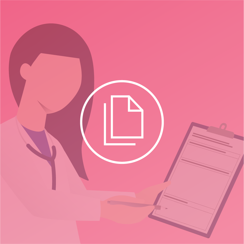 White icon of a paper sheet overlaid on a drawing of a healthcare professional (HCP) filling in a clipboard.