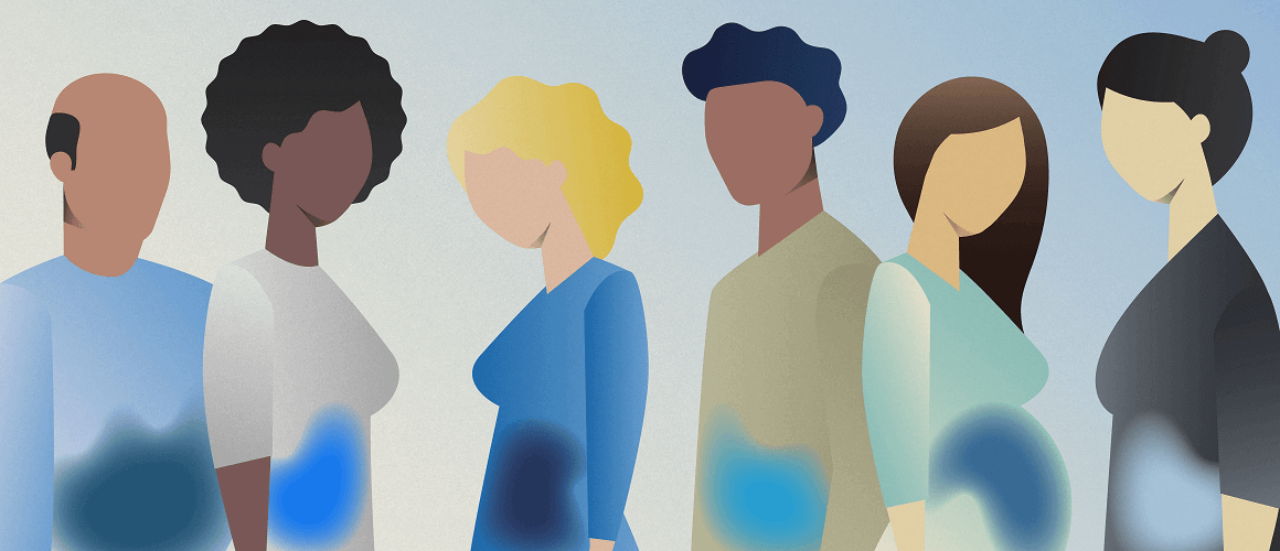 Illustration of silhouettes of people standing with blue shading around their gastrointestinal area that represent their gut microbiomes; different shades of blue represent the diversity in their gut microbiomes.