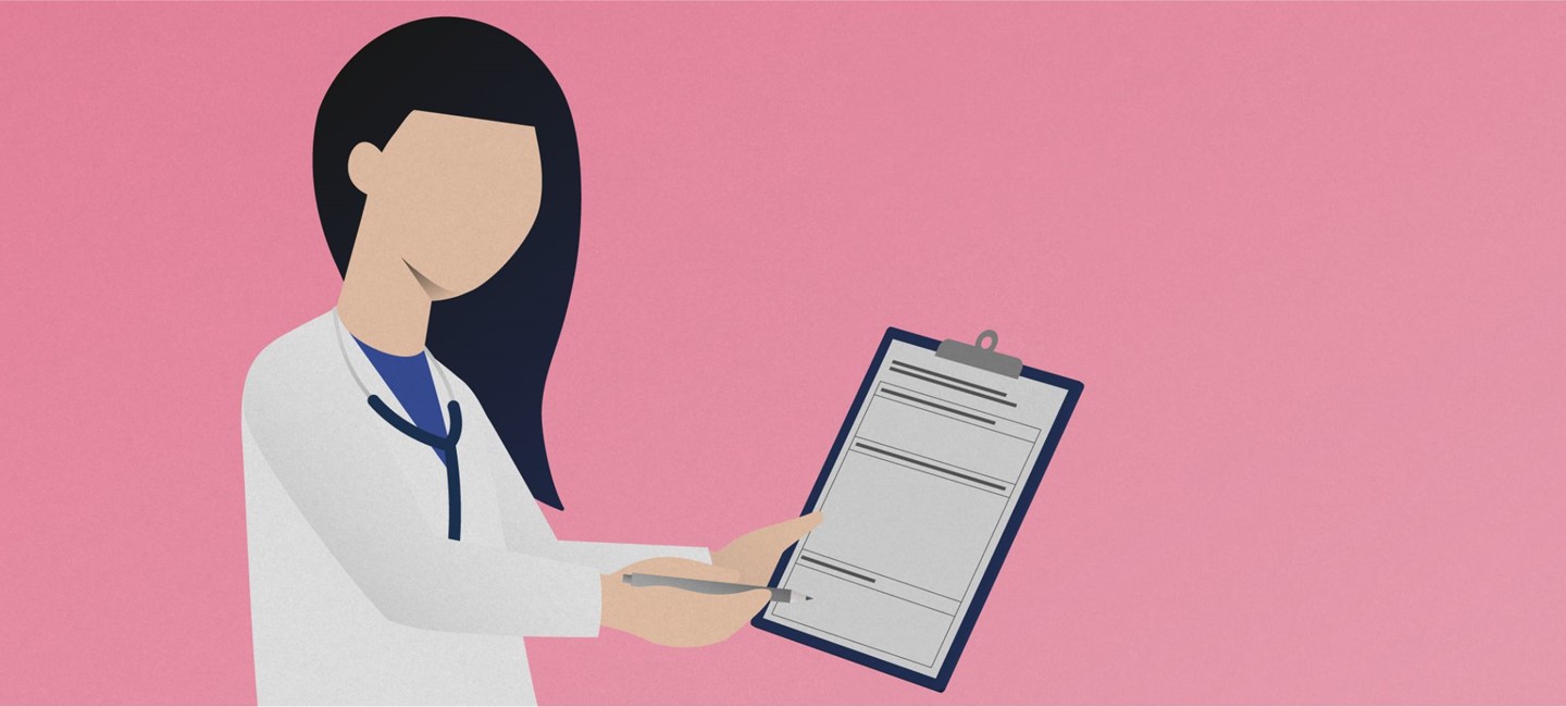 Drawing of a healthcare practitioner (HCP) filling in a clipboard.