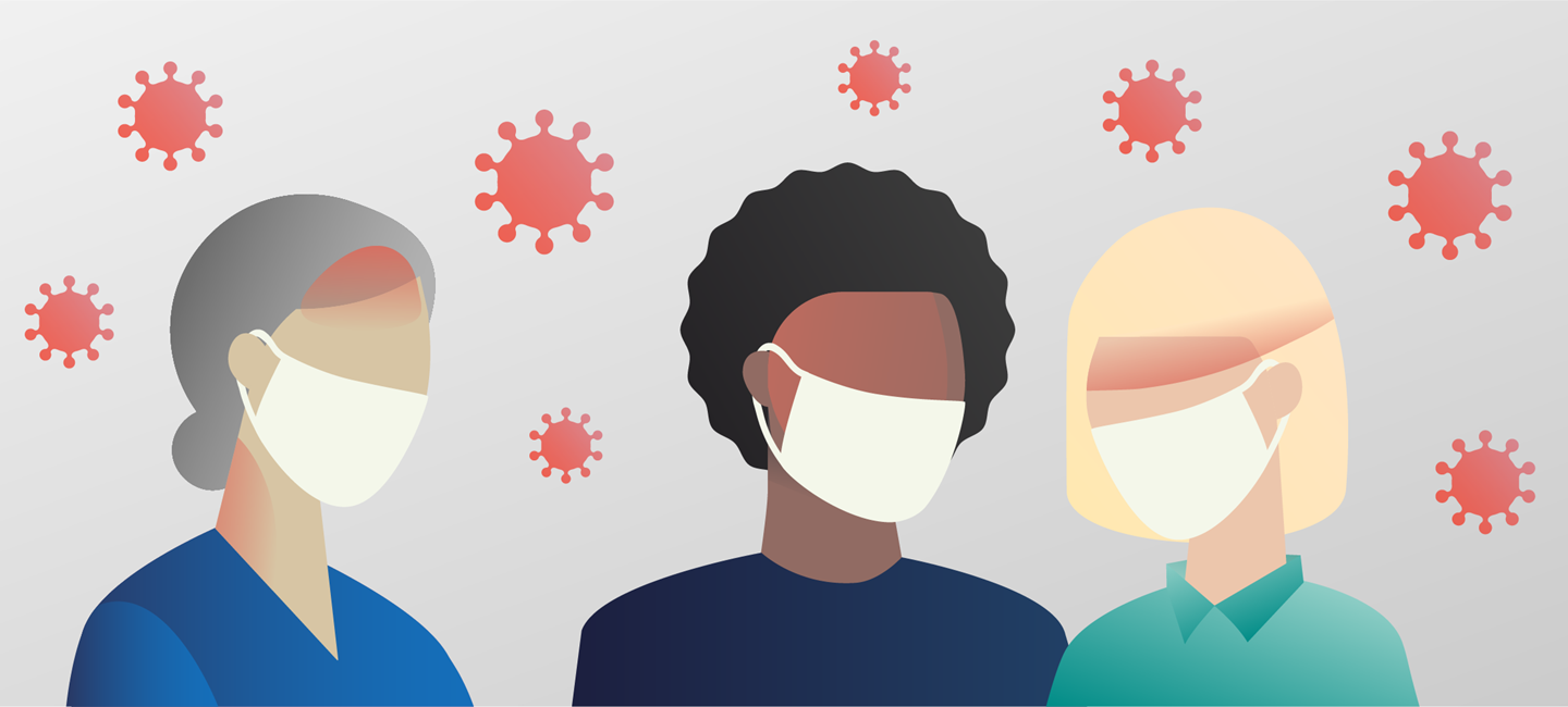 Illustration of three silhouettes of people with face masks on, with red shading on their heads to denote headache. Red viral particles of various sizes are scattered above the silhouettes.