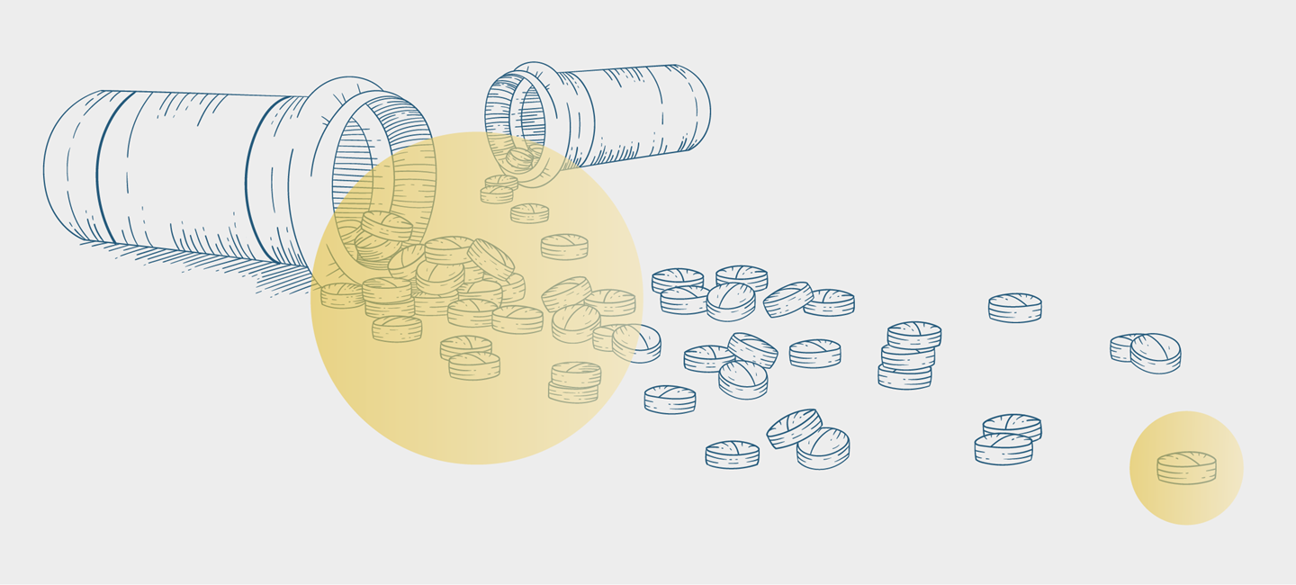 Illustration of prescription pill bottles and medication spilling out of them, overlaid with semi-transparent yellow circles. 