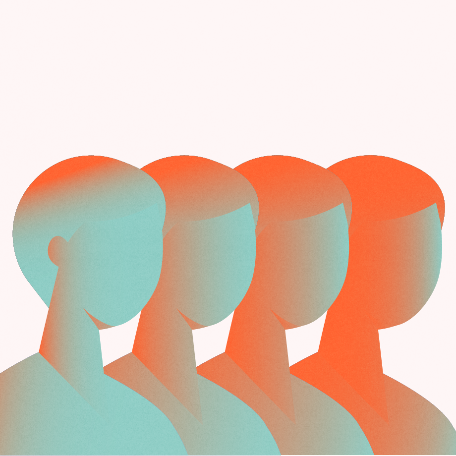 Illustration of 6 overlapping silhouettes of people, with shades of green and orange representing the fluidity of migraine disease evolution.