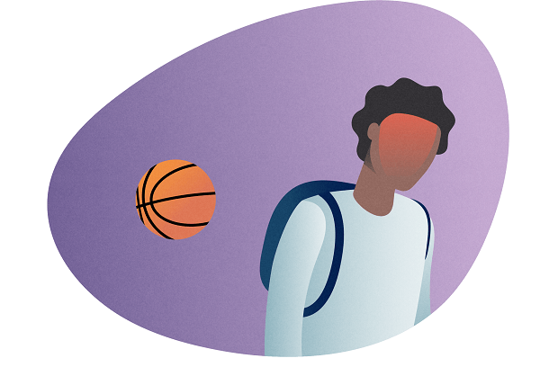 Silhouette of a student with headache (red shading) with a backpack in front of a football, on a purple background