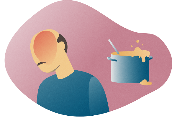 Silhouette of a man with headache (red shading) in front of an overflowing pot of stew, on a pink background.