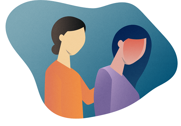Silhouette of woman with headache (red shading) being comforted by another person, on a blue background.