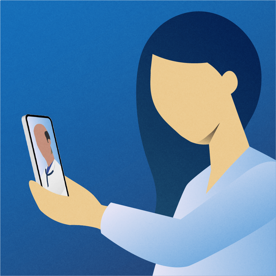 Illustration with one silhouettes. Woman holding a smartphone and talking to a doctor.