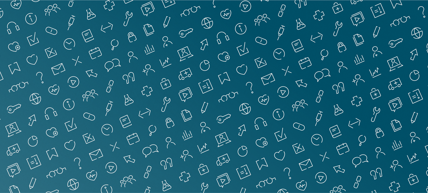 : An array of line-art icons in white arranged diagonally  on a blue background.
