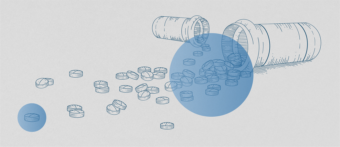 Monochromatic illustration of 2 open medicine bottles on their sides and scattered medicine tablets overlaid with blue circles.