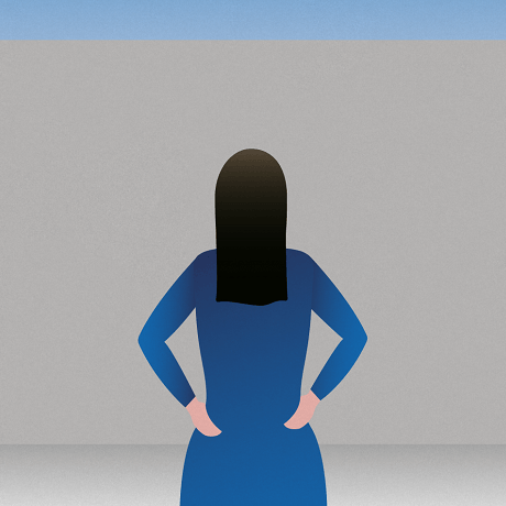 ustration of a person with long dark hair wearing a blue outfit looking into a gray wall representing barriers to care.