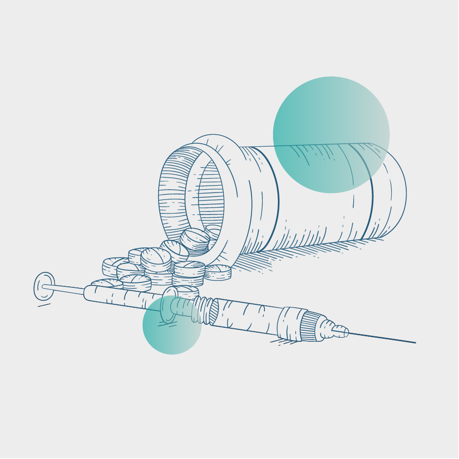 A monochrome illustration of a syringe and pills with green dots layered on top.