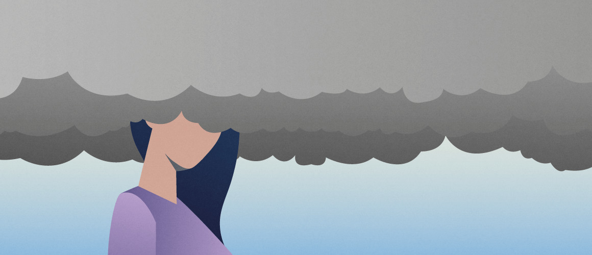 Illustration of a woman in purple shirt with her head in a gray cloud.