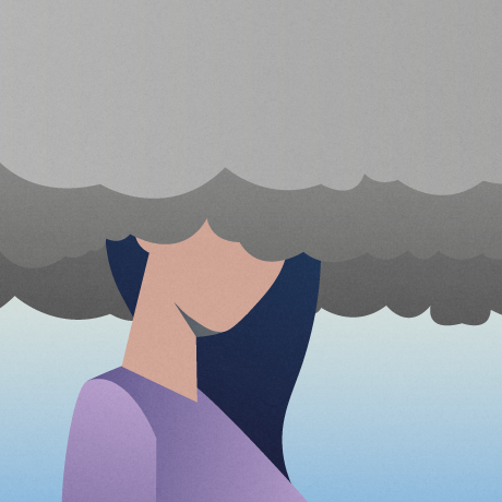 Illustration of a woman in purple shirt with her head in a gray cloud.