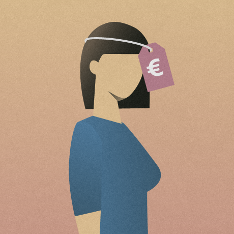 Silhouette of a woman with a price tag wrapped around her head that symbolizes the financial burden of migraine treatment.