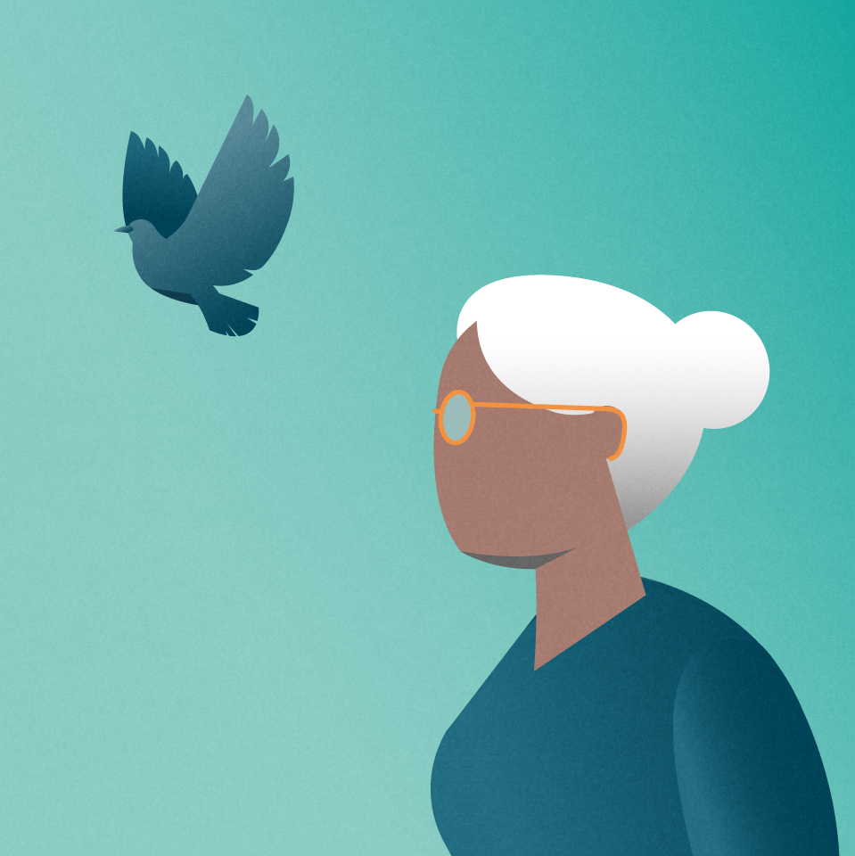 Colorful silhouette of an older woman with a flying bird representing freedom from migraine pain