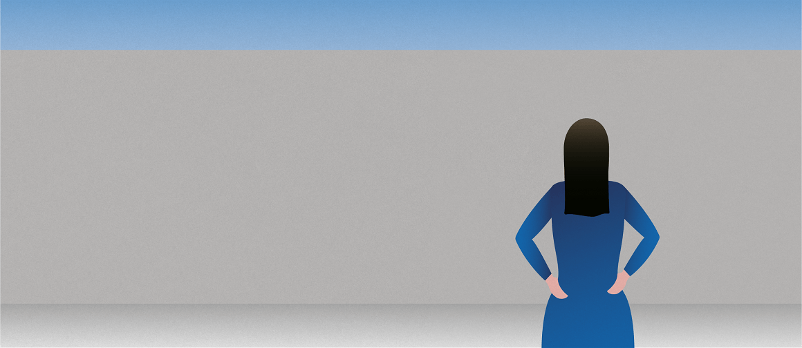 Illustration of a person with long dark hair wearing a blue outfit looking into a gray wall representing barriers to care.