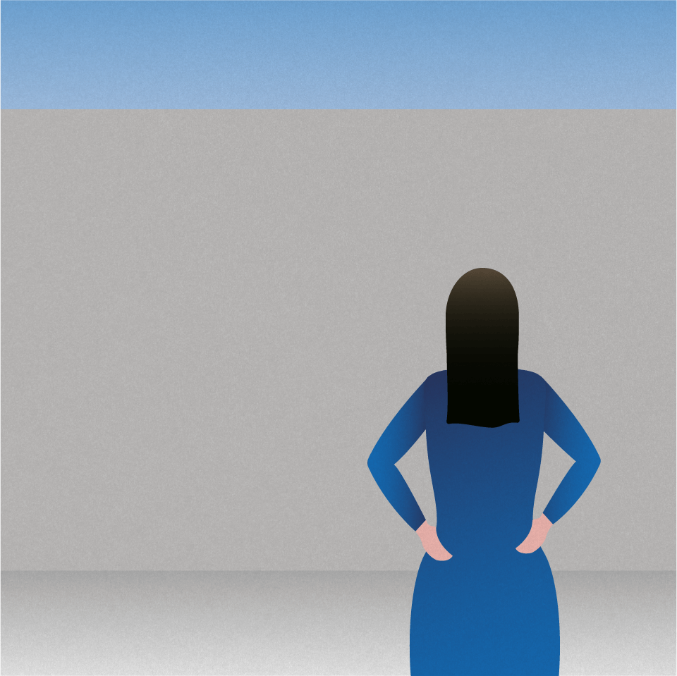 Illustration of a person with long dark hair wearing a blue outfit looking into a gray wall representing barriers to care.