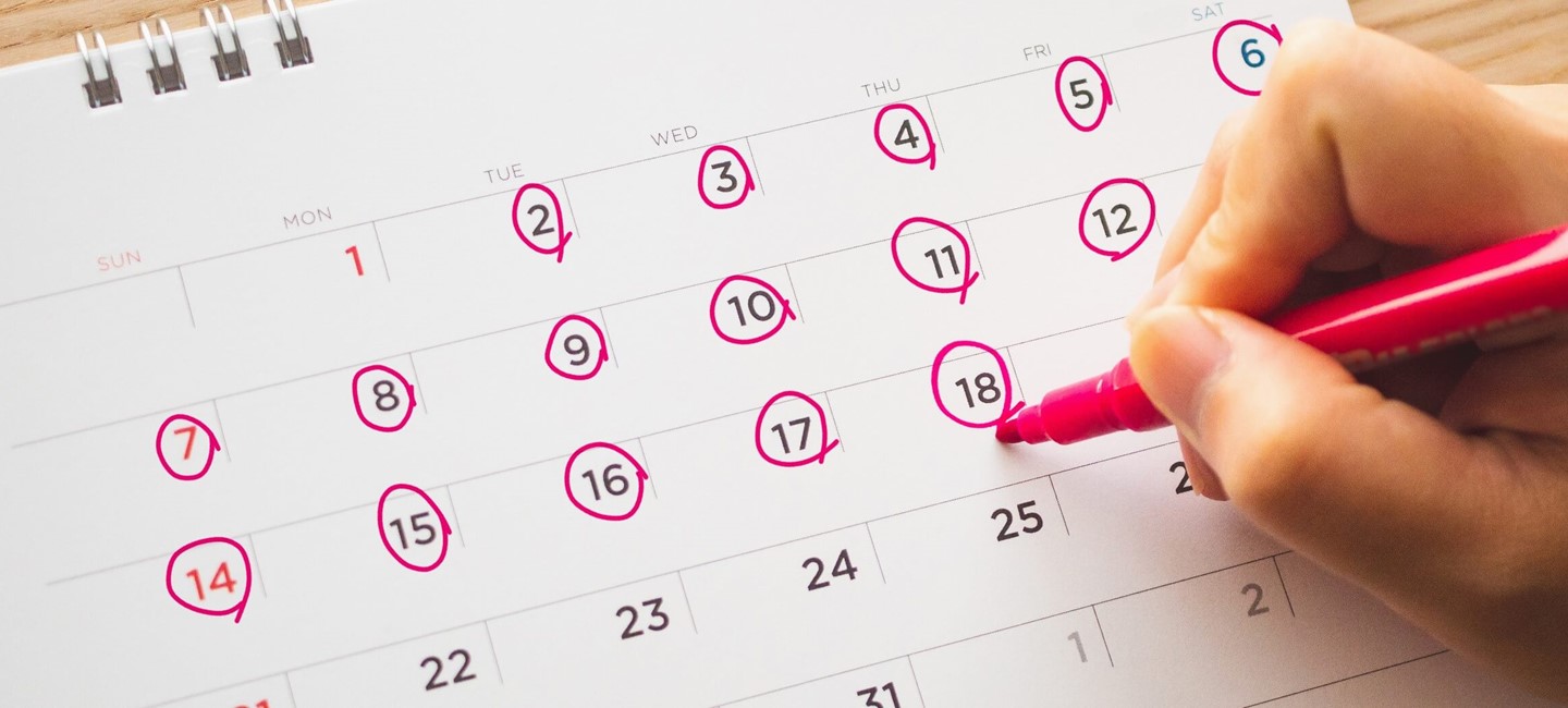A monthly calendar with the dates circled in pink ink.