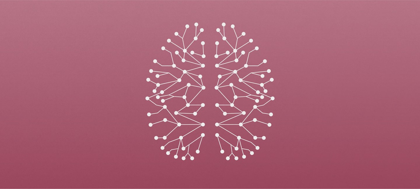 Illustration of a brain-shaped network on a pink background.