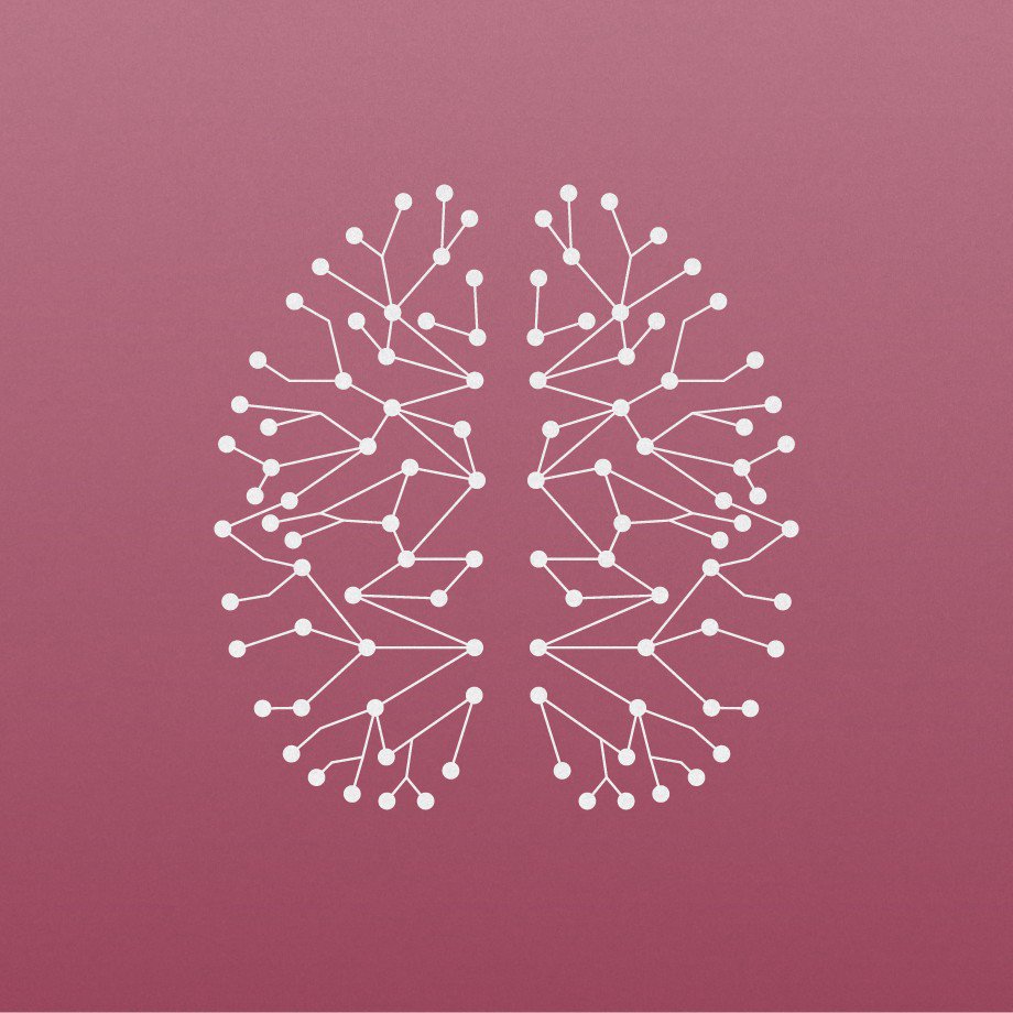 Illustration of a brain-shaped network on a pink background.
